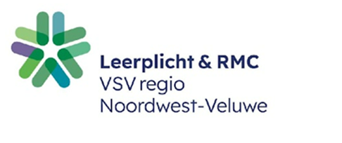 Logo of Leerplicht & RMC, VSV regio Noordwest-Veluwe, featuring a star-shaped icon of green and purple overlapping ovals.