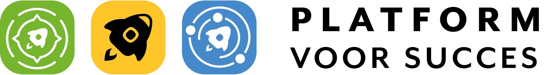 Logo Platform voor succes: groen met kompas en wit raket, geel met zwart raket, blauw met baan rond wit raket. Boven zwarte letters met Platform voor Succes.