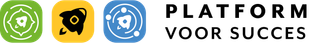 Logo Platform voor succes: groen met kompas en wit raket, geel met zwart raket, blauw met baan rond wit raket. Boven zwarte letters met Platform voor Succes.