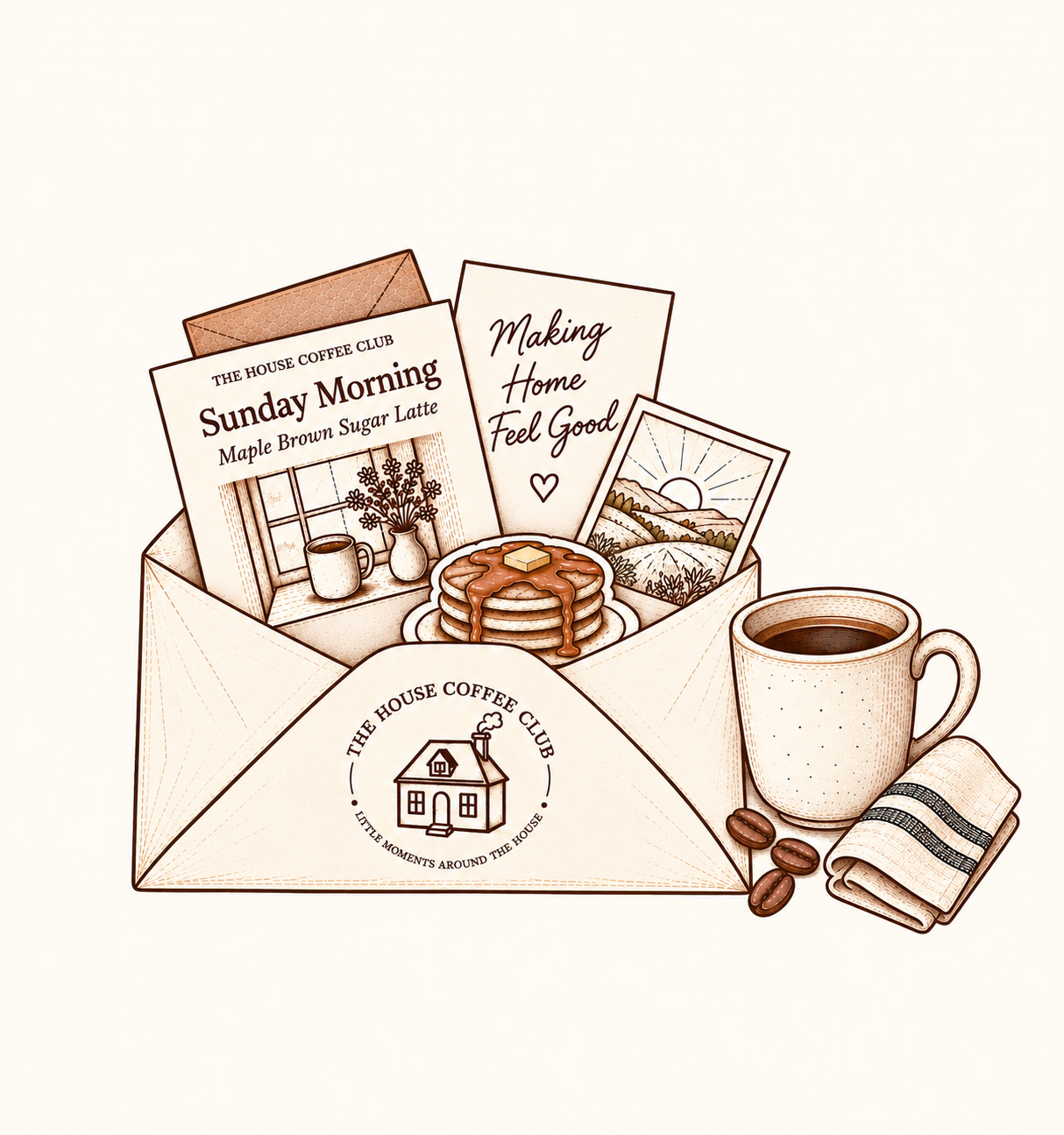 A kitchen table with a cream envelope, recipe card and a steaming mug of coffee in morning light