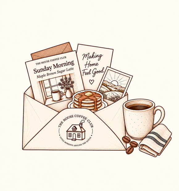 A kitchen table with a cream envelope, recipe card and a steaming mug of coffee in morning light