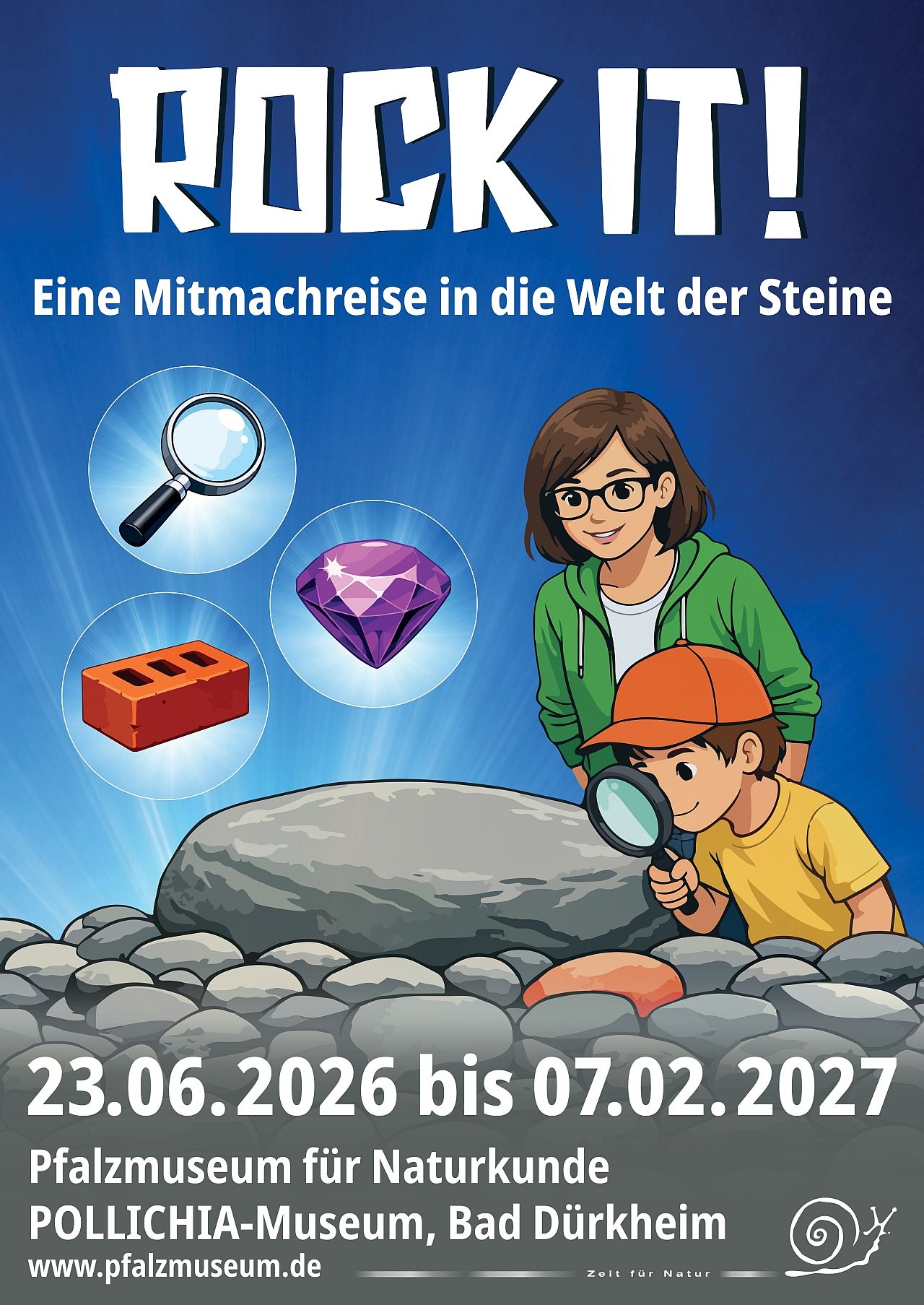 ROCK IT! Museumsplakat mit Steinen, Lupe, Edelstein und Kindern, die Steine ​​erforschen.