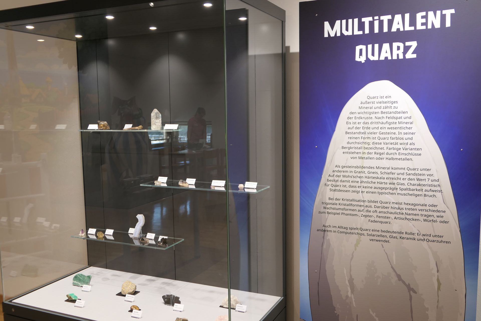 Große Ausstellungstafel zum Thema Multitalent Quarz und Glasvitrinen mit unterschiedlichen Quarzen.