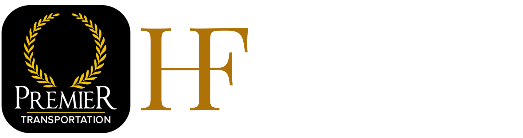 A black and gold logo for premier transportation and white logo for Hoffmann Family,