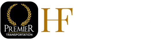 A black and gold logo for premier transportation and white logo for Hoffmann Family,