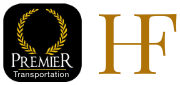 A black and gold logo for premier transportation and white logo for Hoffmann Family,