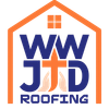 WJD Roofing logo in orange and blue with house outline and rooftop window