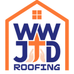 WJD Roofing logo in orange and blue with house outline and rooftop window