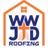 WJD Roofing logo in orange and blue with house outline and rooftop window