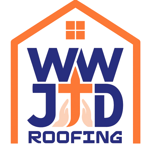 WJD Roofing logo in orange and blue with house outline and rooftop window