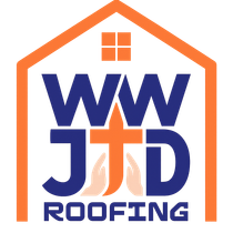 WJD Roofing logo in orange and blue with house outline and rooftop window