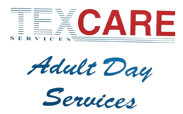 Logo for Texcare Adult Day Services: Text in blue and red, with "Adult Day Services" in script below.