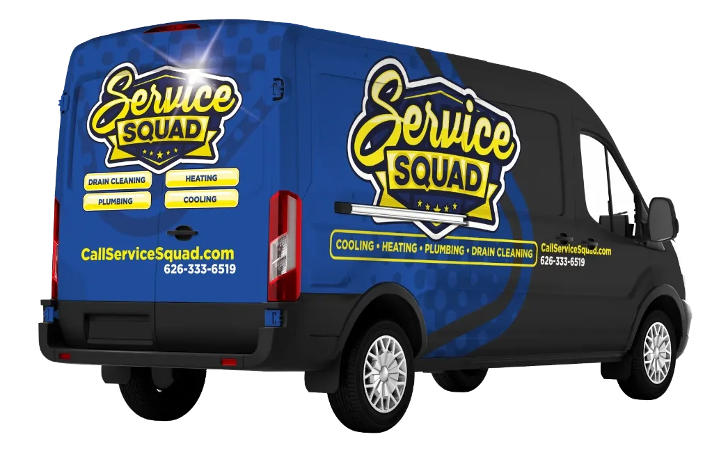 A black and blue service van for Service Squad, featuring their logo, website, and phone number, viewed from behind.