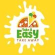 Logo di Take It Easy Take Away con una fetta di pizza e un hamburger su uno sfondo giallo a schizzi.