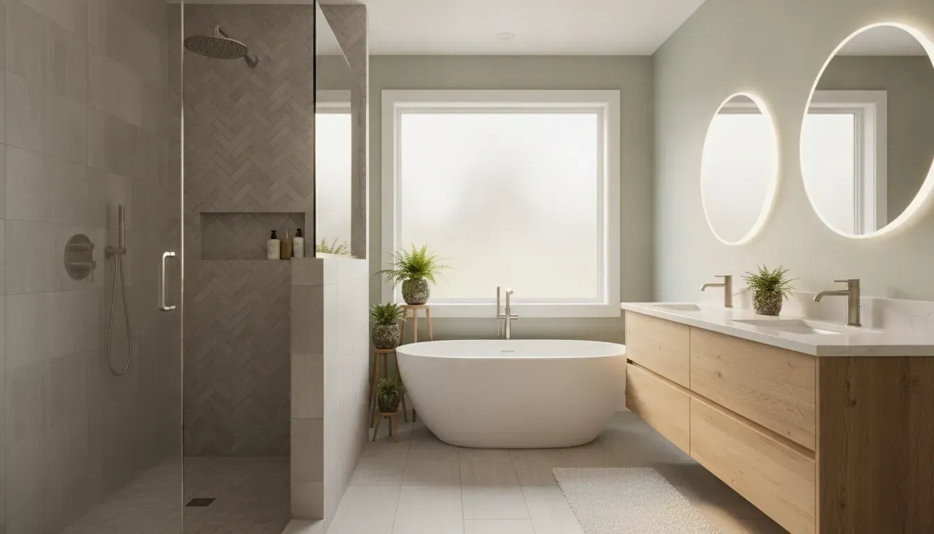 Bright Western Washington bathroom remodel with a walk-in shower, soaking tub, and custom vanity