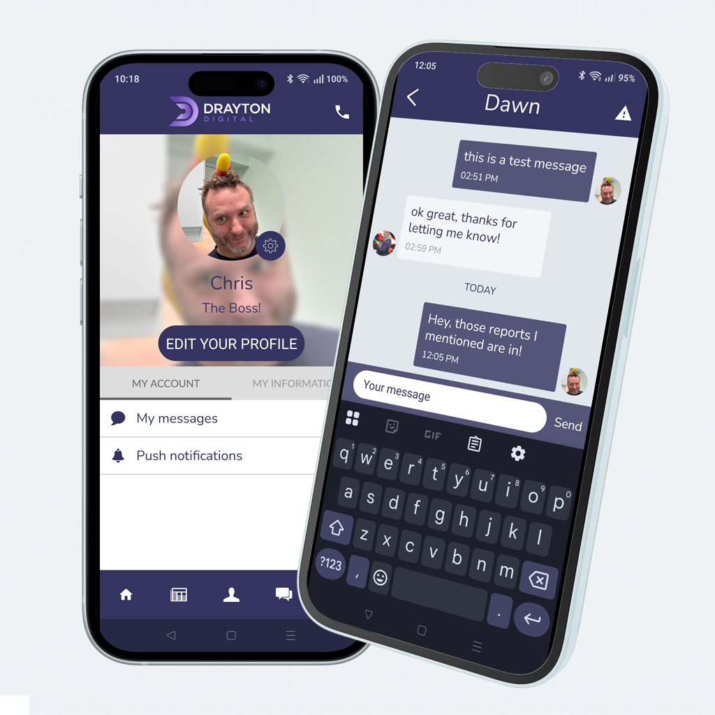 two phones showing profile modification and messaging