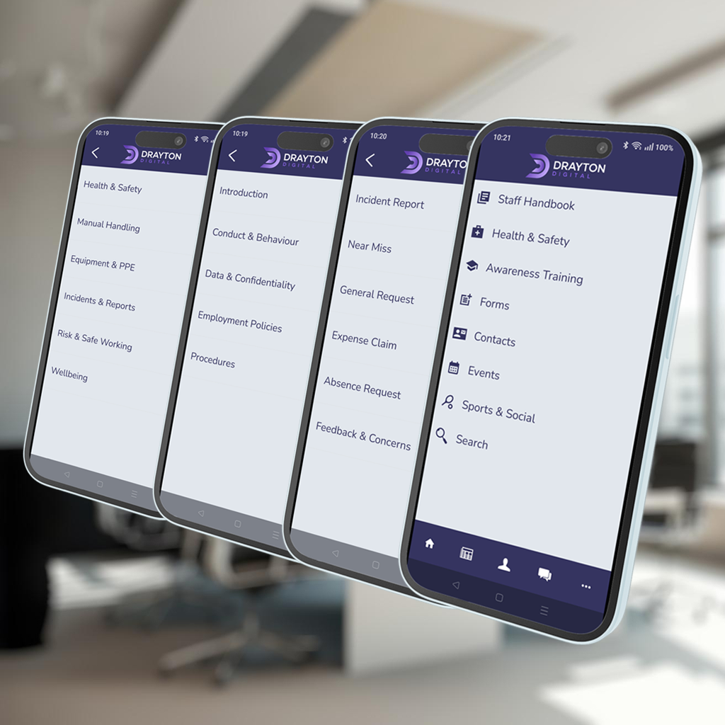 screenshots showing menus and documents in mobile app