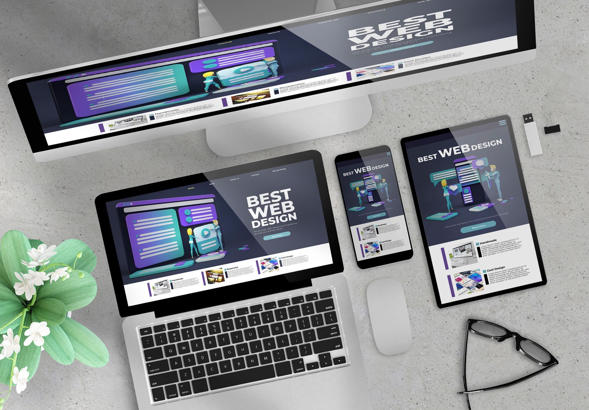 Laptop, mobile, tablet and desktop screens showing a responsive design