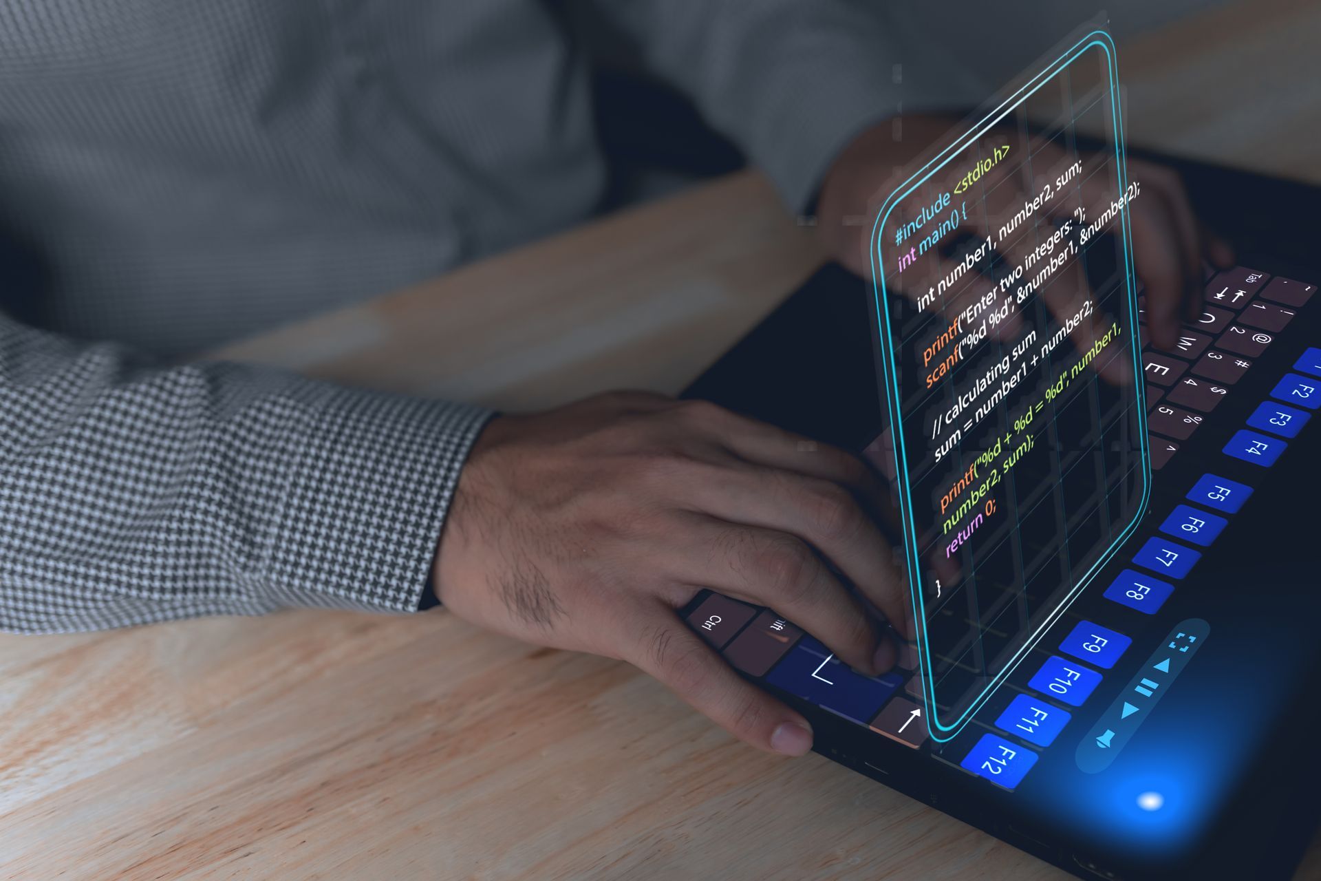 person typing on keyboard with ai screen