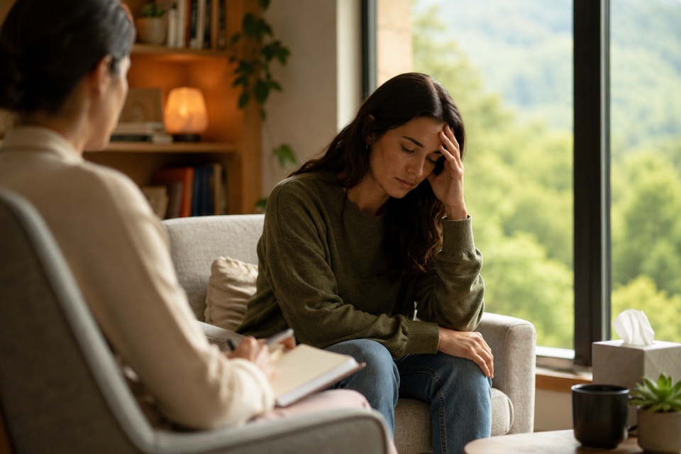 Person on a couch holding their head while speaking with a therapist in a bright living room.