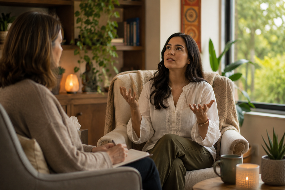 Two women talking on chairs in a cozy living room, with one gesturing as they converse.
