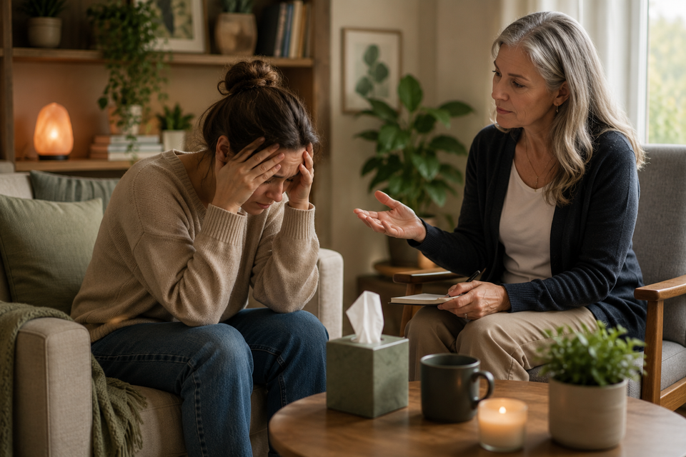 Two women talking on a cozy couch, one upset and covering her face while the other gestures supportively