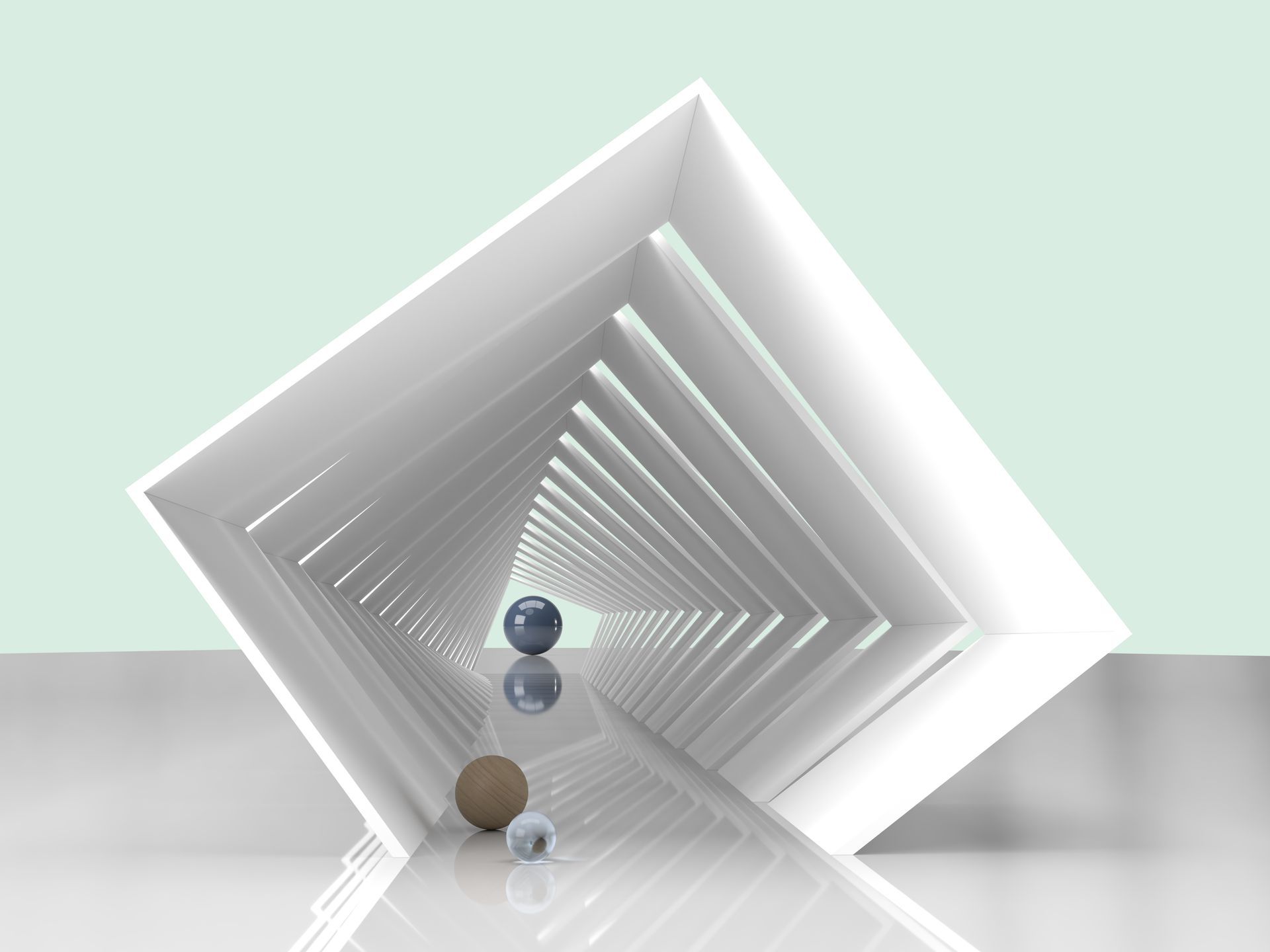 Drie bollen van verschillende kleuren bevinden zich in een witte, tunnelachtige structuur met in elkaar overlappende, hoekige architectonische frames. 3D digitale kunst.