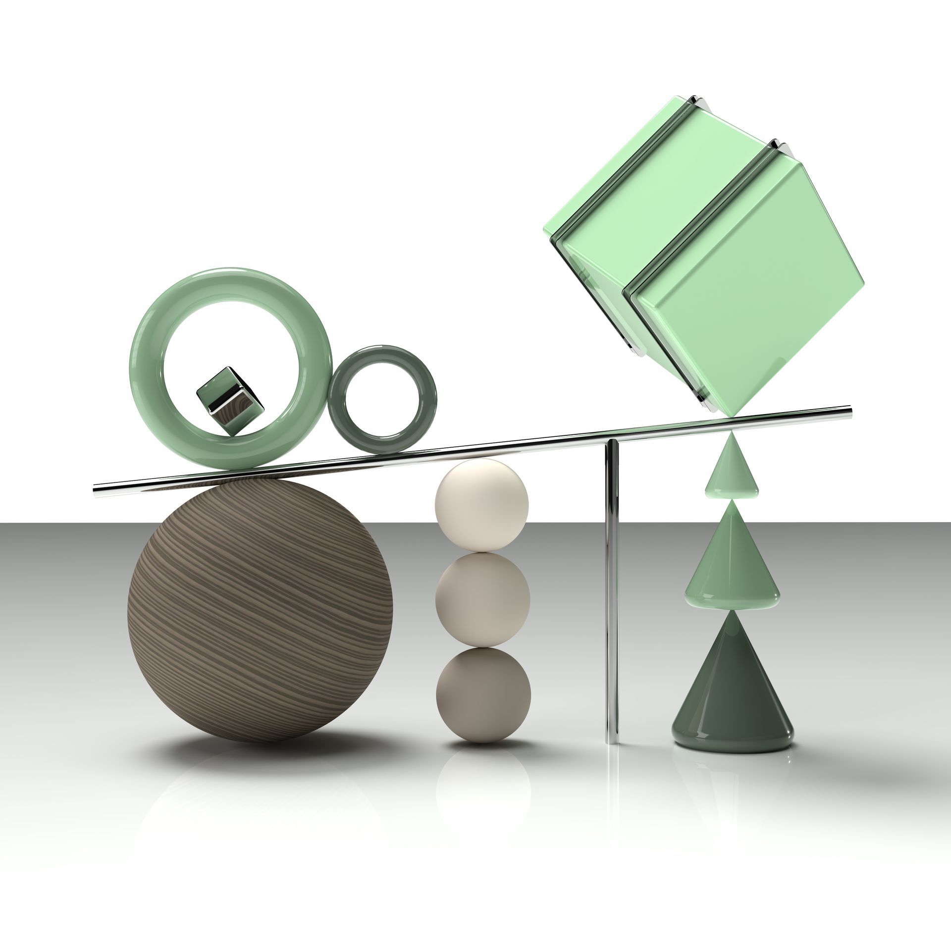 Een balansweegschaal rust op een centrale pilaar met geometrische vormen in groene, bruine en grijze tinten. 3D digitale kunst.