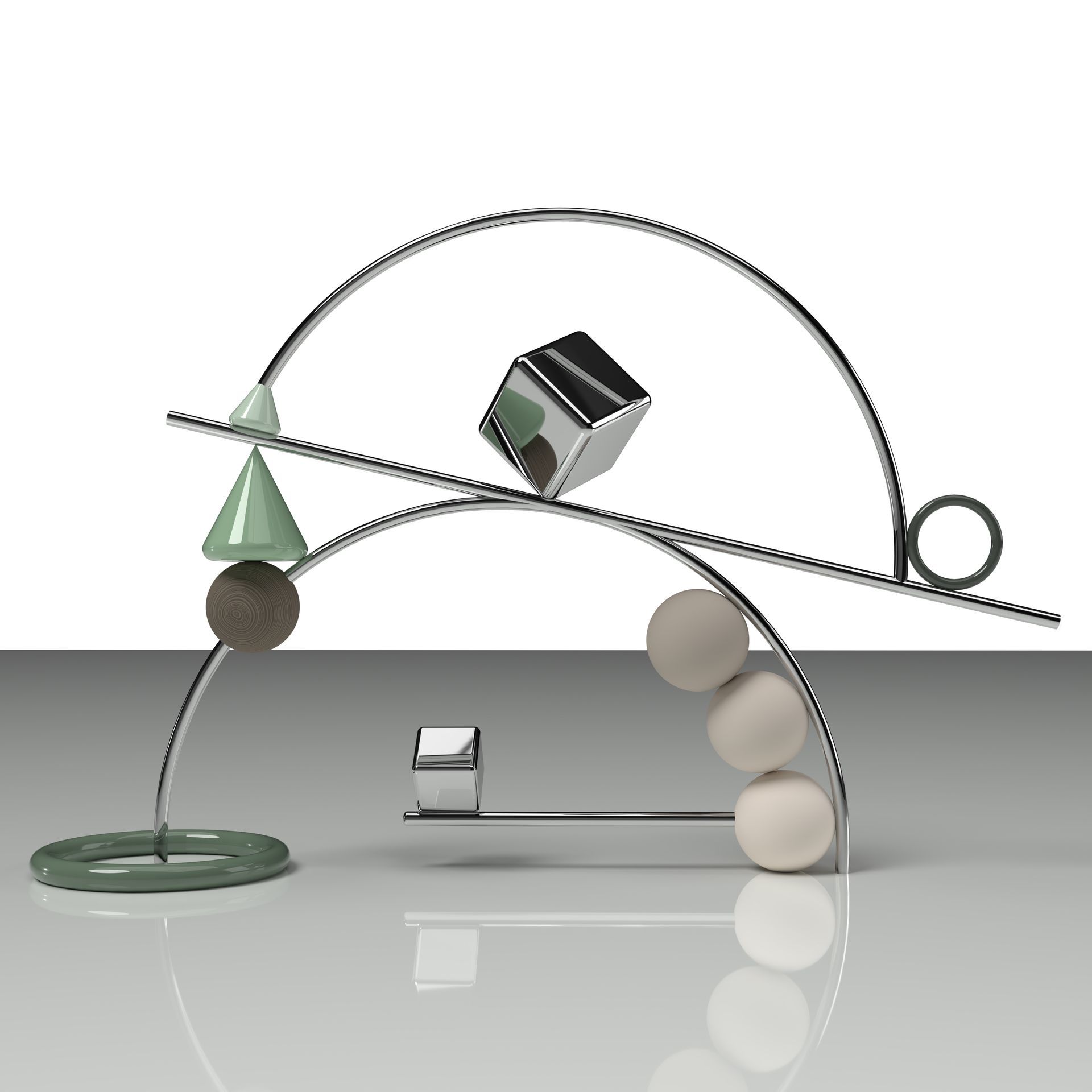 Een 3D-kunstwerk met geometrische vormen, waaronder bollen, kubussen en gebogen staven, in een zwaartekracht tartende opstelling in evenwicht gebracht. 3D digitale kunst.