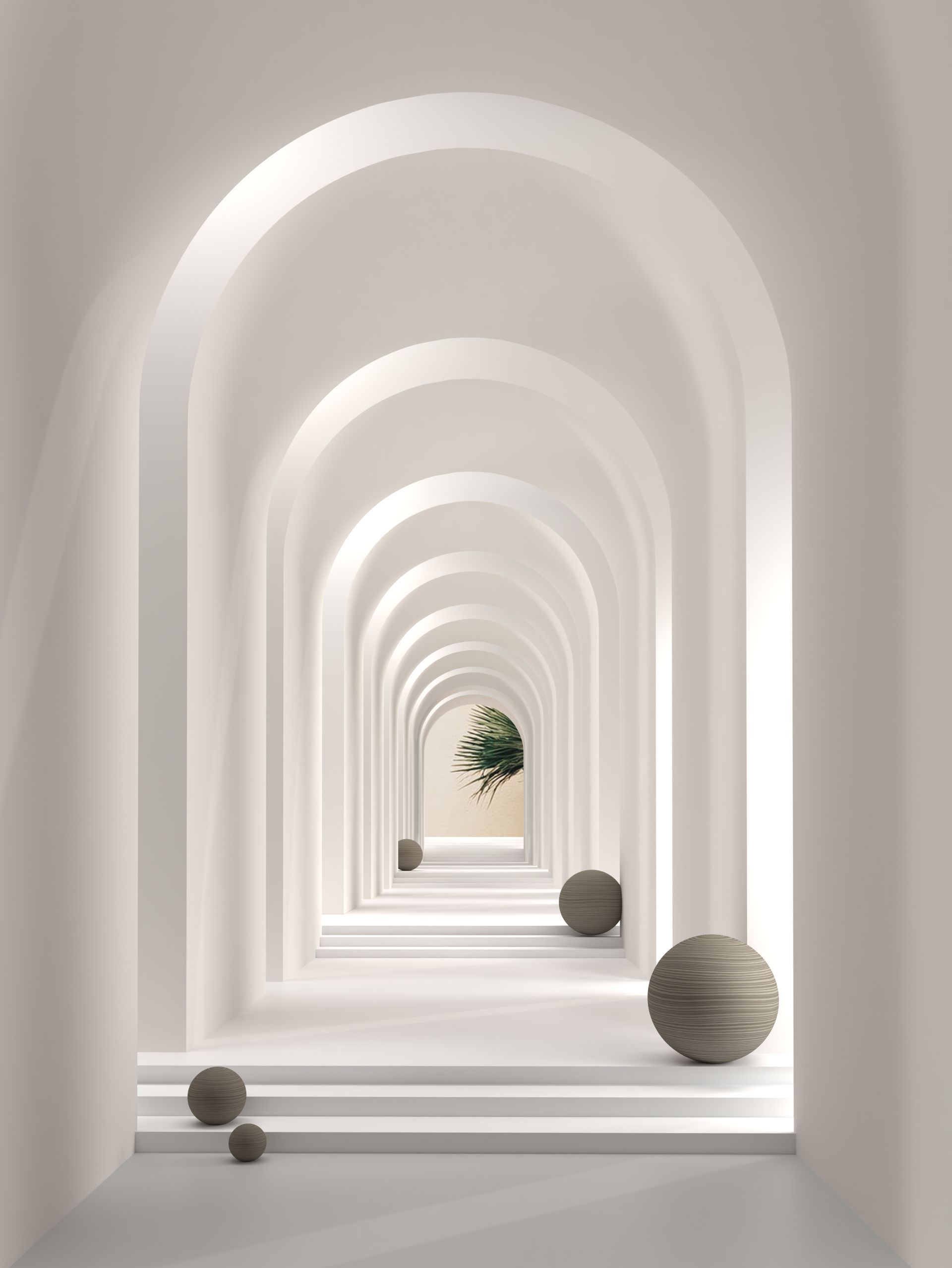 Een perspectiefaanzicht van een lange, minimalistische witte gang met herhaalde bogen, treden en verschillende stenen bollen met een bijzondere textuur. 3D digitale kunst, bogengallerij.