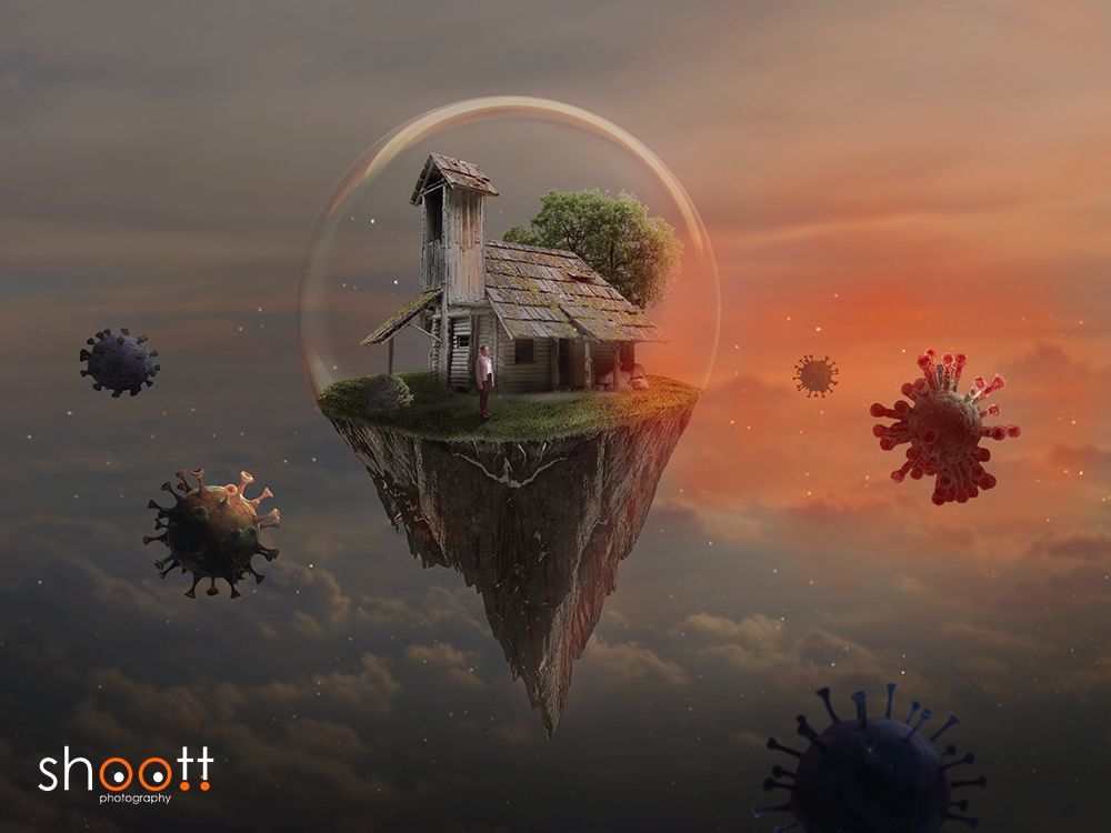 Photoshop creatie van een houten hutje in een bubbel op een berg zwevend door het heelal met covid spikes