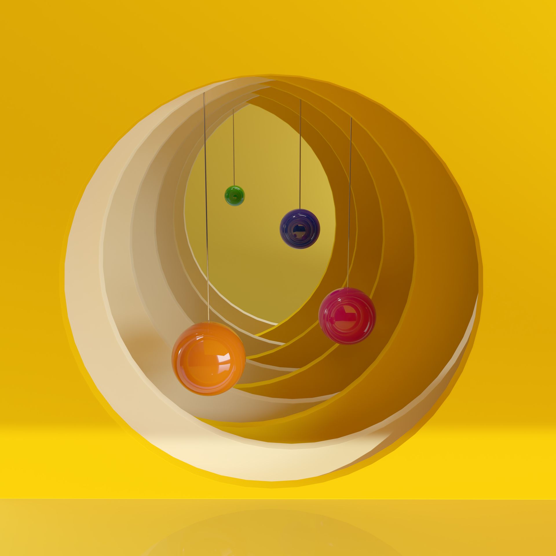 Vier glanzende bollen in de kleuren groen, blauw, magenta en oranje hangen in een reeks in elkaar geneste, cirkelvormige, gele, papierachtige bogen. 3D digitale kunst.
