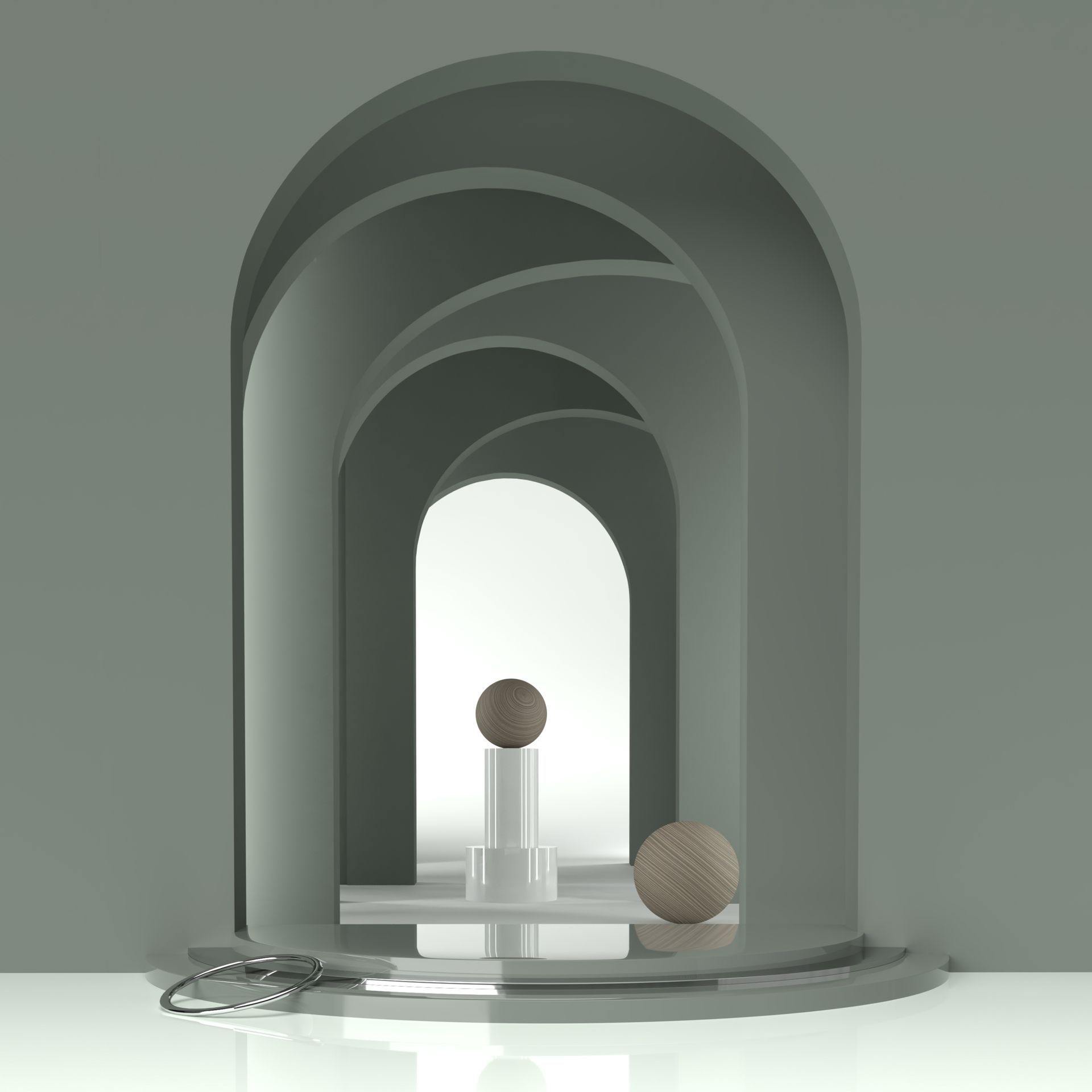 Een reeks terugwijkende grijze bogen met een wit voetstuk, twee bolvormige objecten met textuur en een metalen ring op de vloer. 3D digitale kunst.
