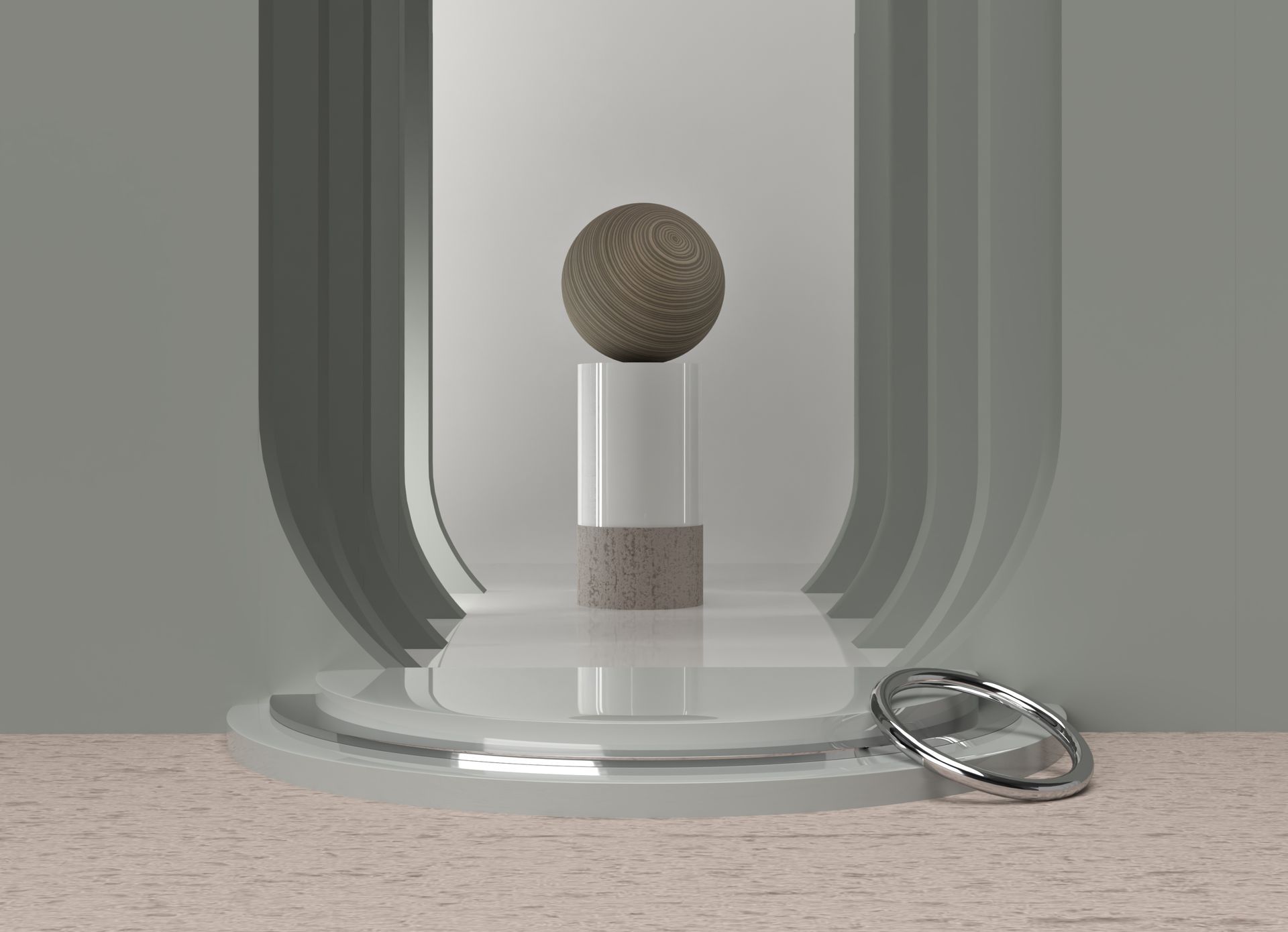 Een bol met textuur staat op een tweekleurig voetstuk in een grijze, gewelfde ruimte, met een zilveren ring op de vloer ernaast. 3D digitale kunst.