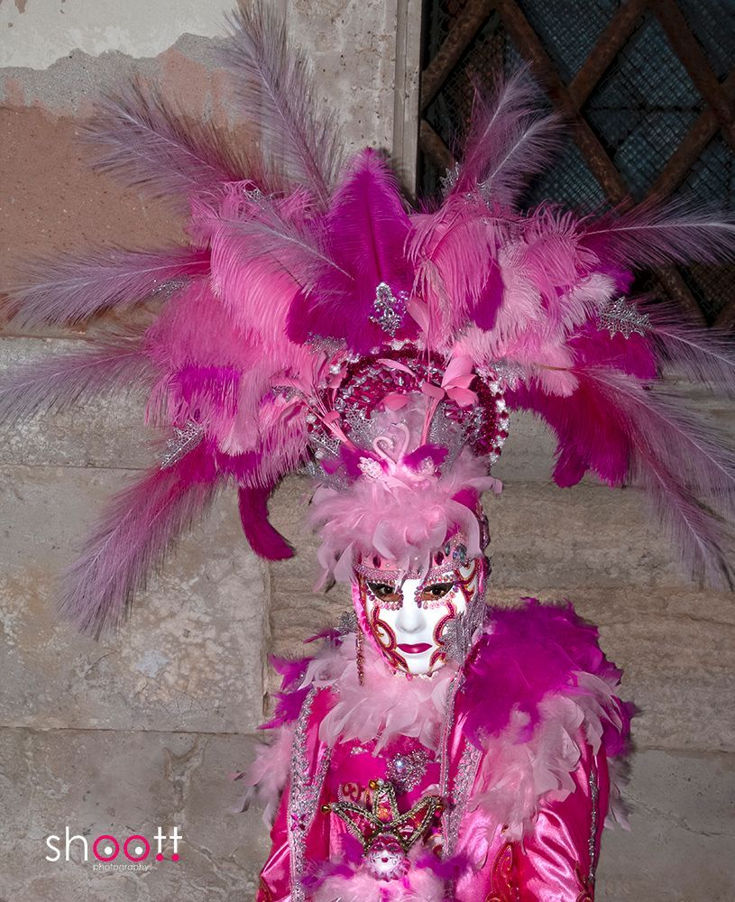 Een persoon in een opvallend roze, met veren versierd Venetiaans carnavalskostuum met een sierlijk, bijpassend masker dat het hele gezicht bedekt.