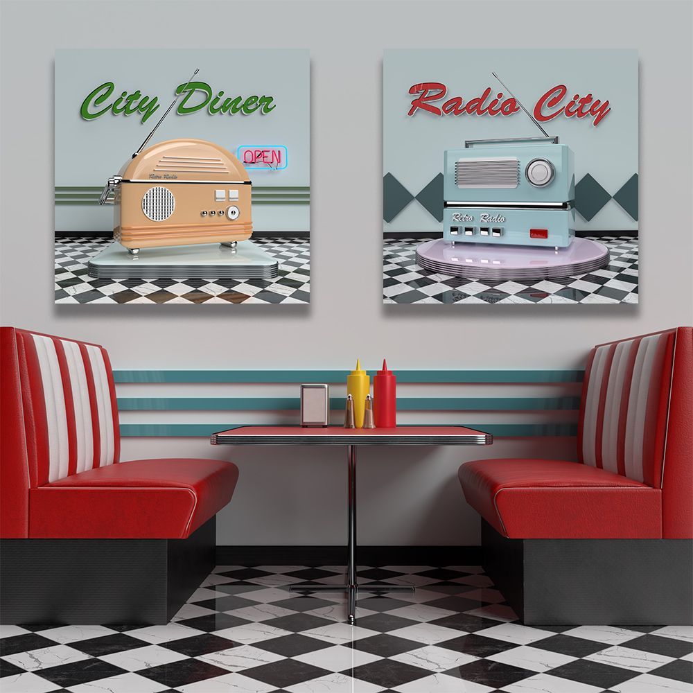 Een zitje in de stijl van een Amerikaanse diner uit de jaren 50, met twee ingelijste vintage radioposters aan de muur boven een tafel met rode en gele dispensers. 3D digitale kunst.