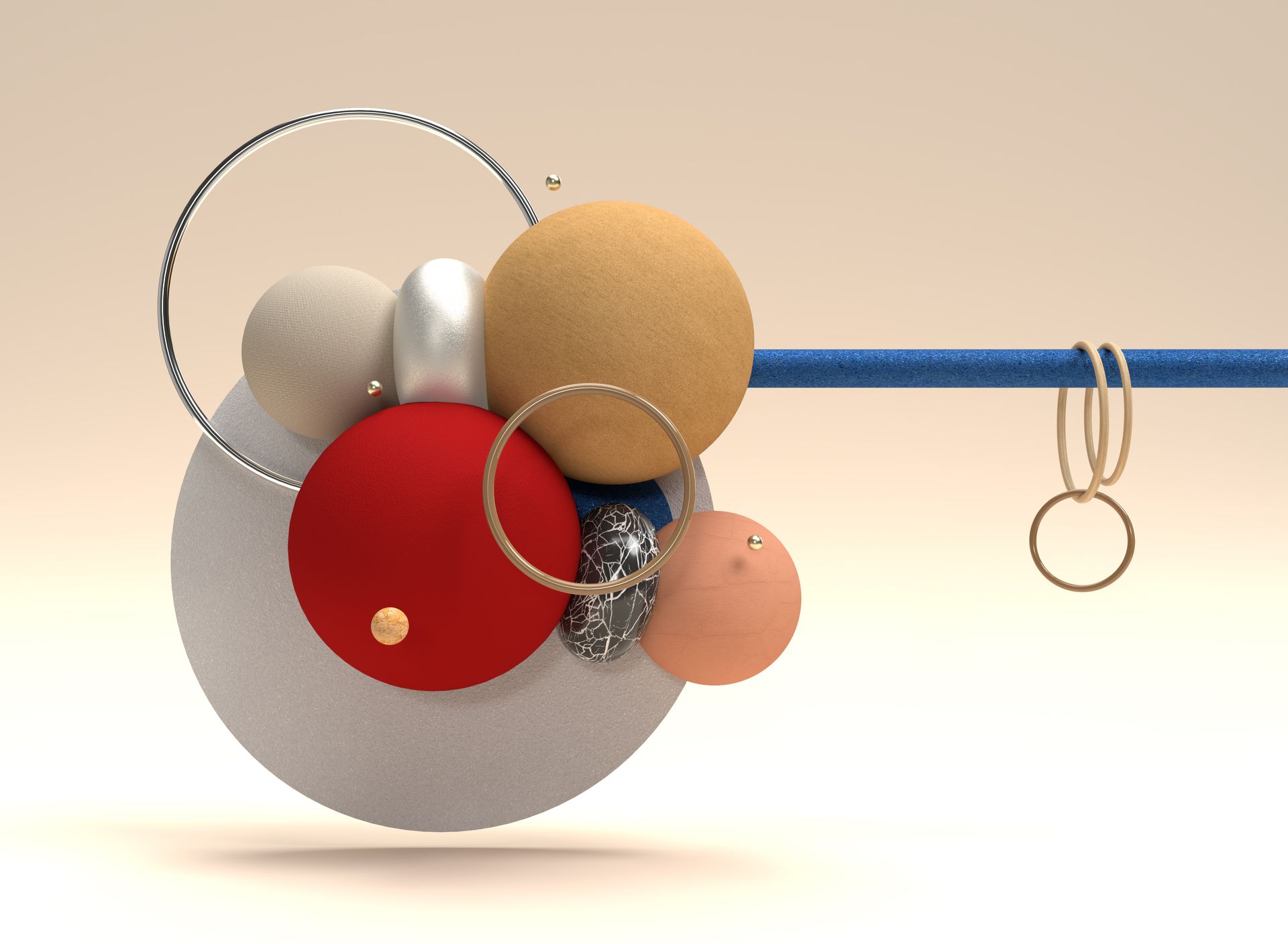 Een groep kleurrijke 3D-bollen en -ringen bevestigd aan een blauwe staaf tegen een neutrale, beige achtergrond. 3D digitale kunst.