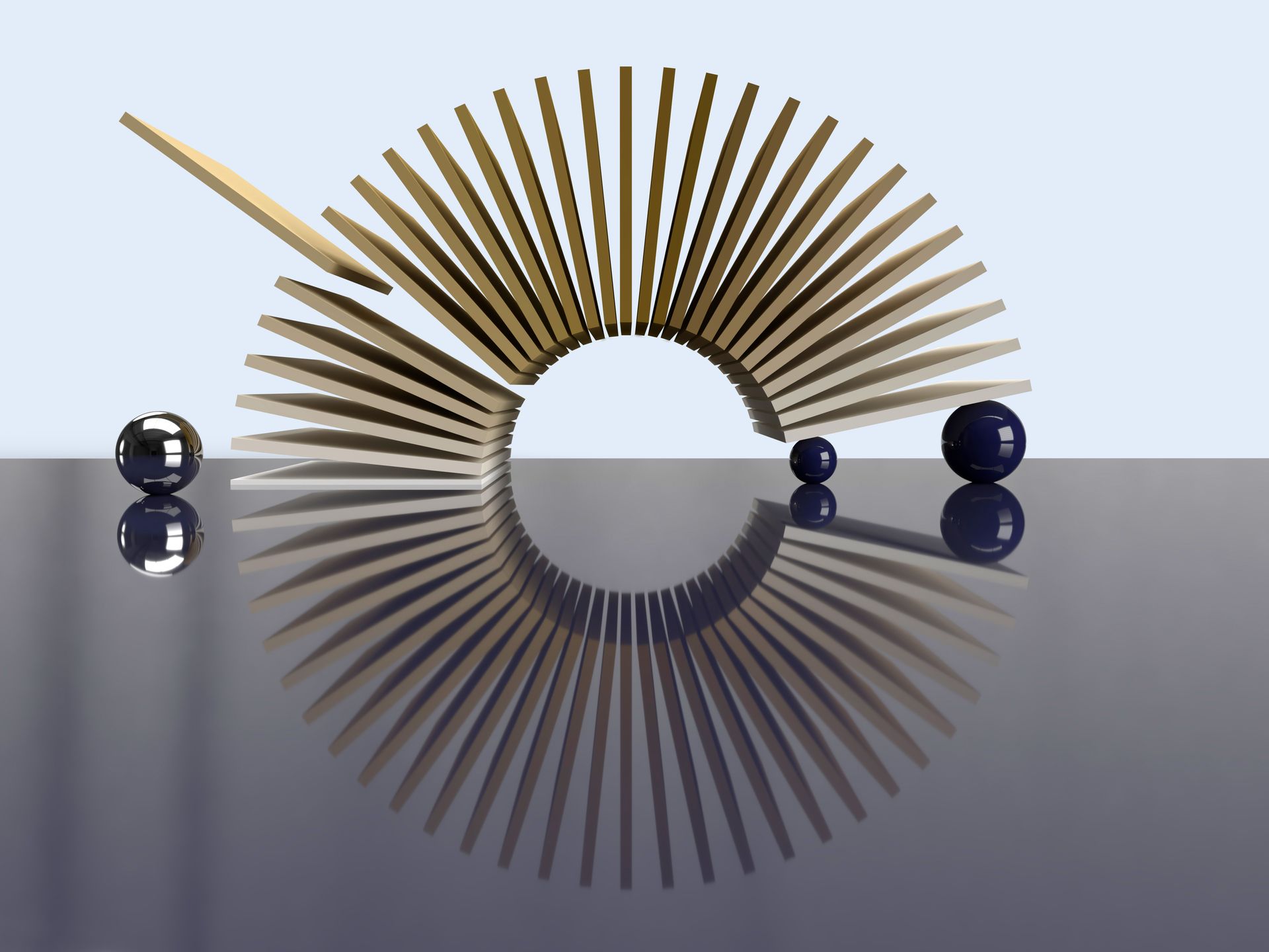 Een cirkelvormige opstelling van lichtbruine rechthoeken in waaiervorm, met daaronder drie bollen, op een reflecterend oppervlak. 3D digitale kunst.