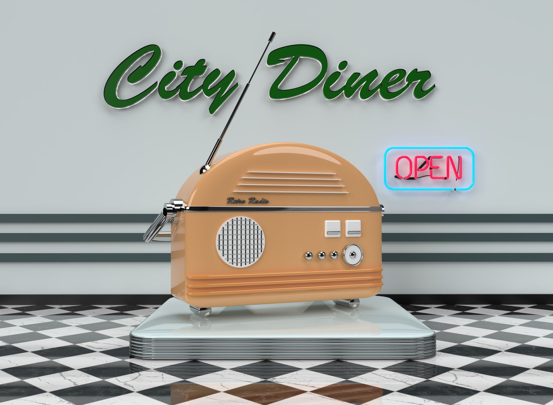 Een vintage radio staat op een verchroomd platform in een ruimte in dinerstijl met een geblokte vloer en een neonbord met de tekst 
