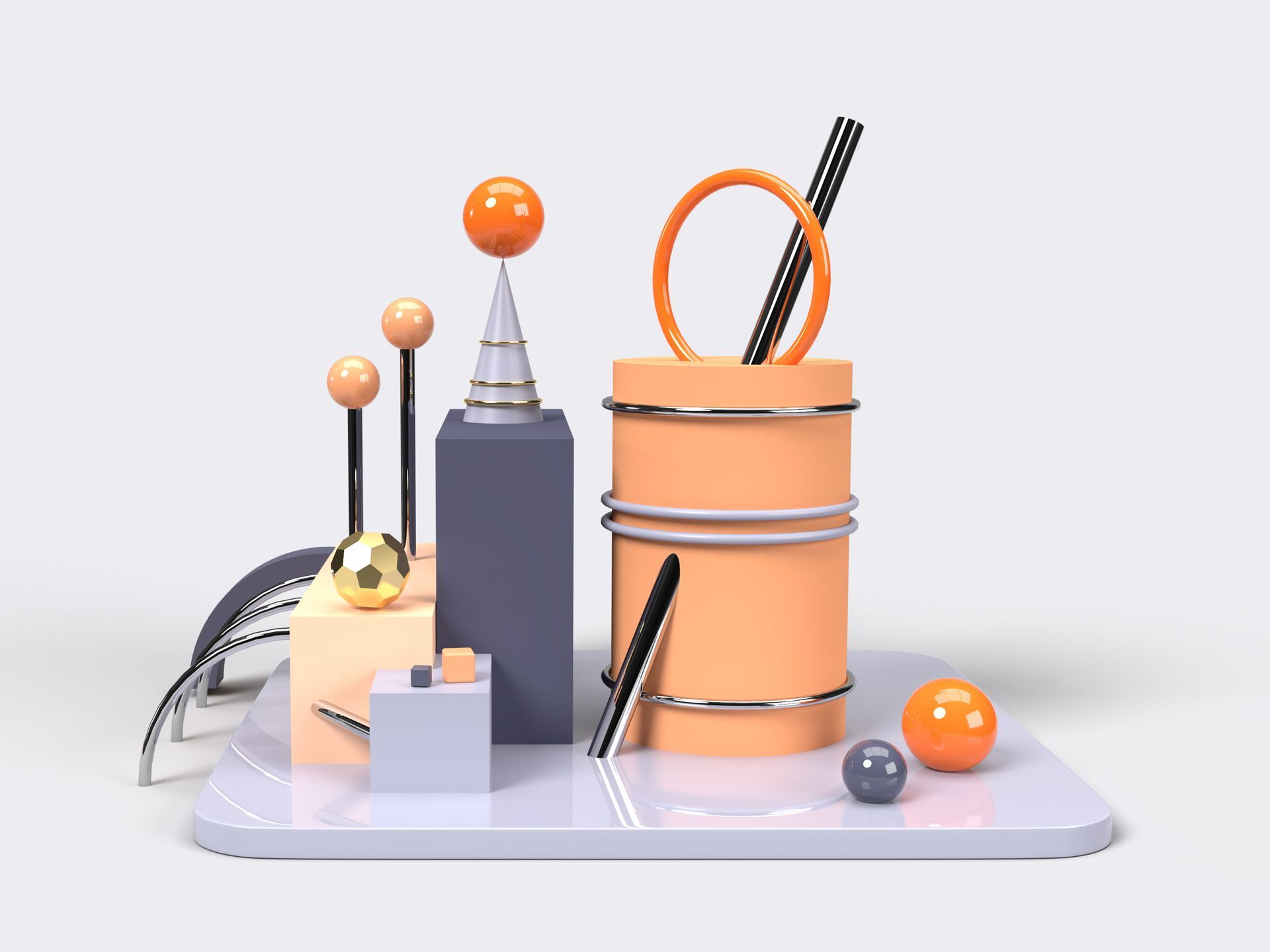 Een 3D-kunstcompositie met kleurrijke geometrische vormen, bollen, een kegel en metallic accenten op een lichtgekleurd platform. 3D digitale kunst.