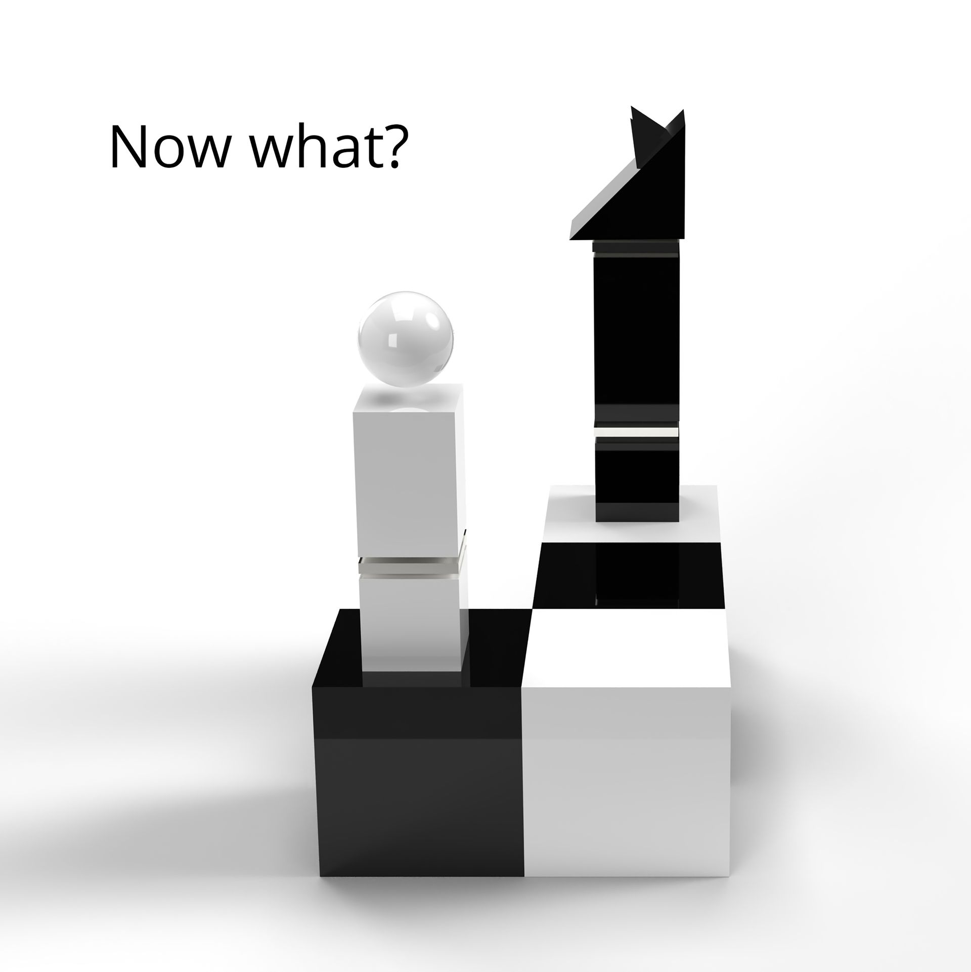 Een witte pion en een zwart paard op een schaakbord, met daarboven de tekst 