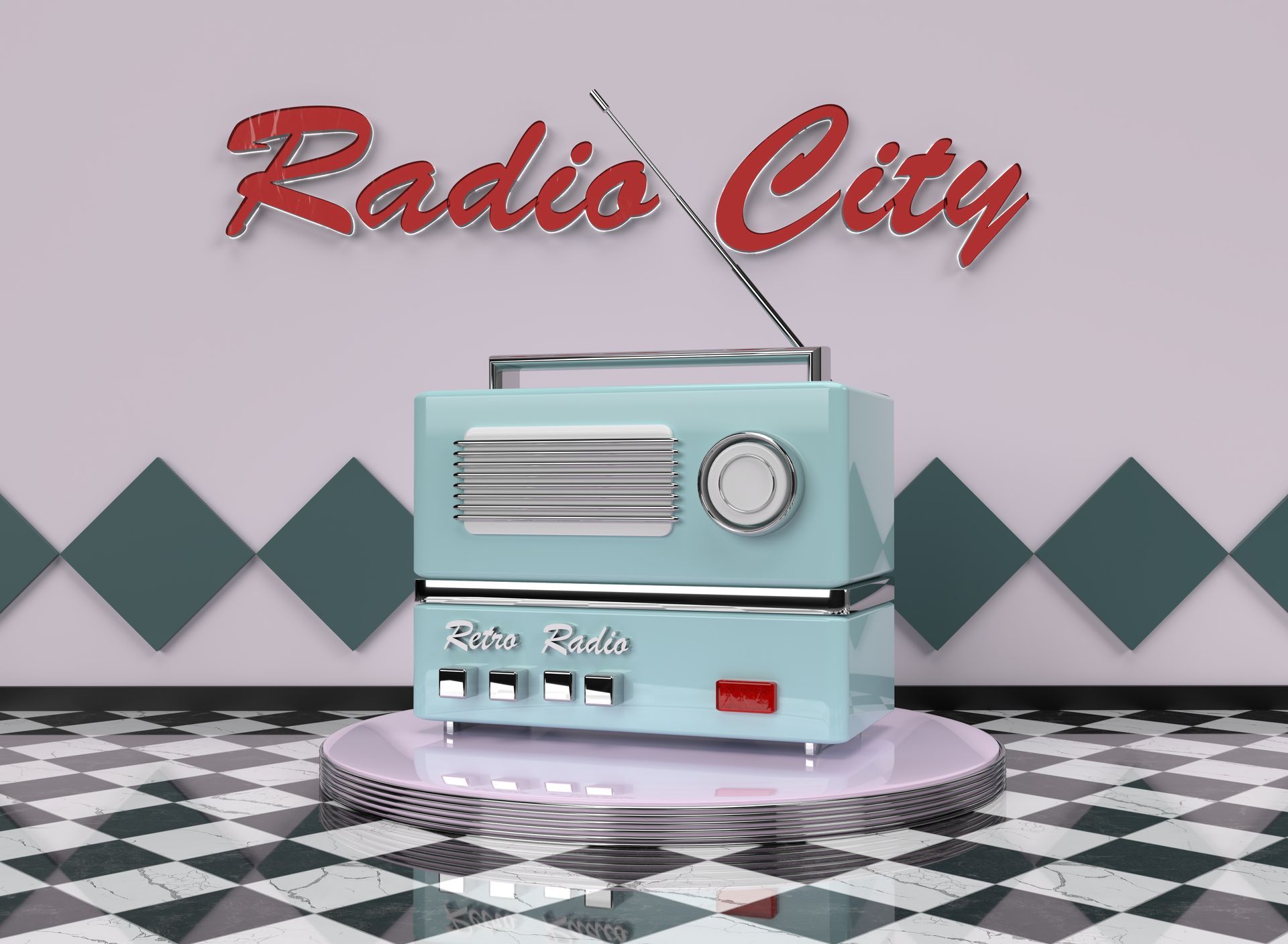 Een lichtblauwe radio in retrostijl staat op een ronde sokkel tegen een muur met ruitvormige patronen en een geblokte vloer en neonletters 