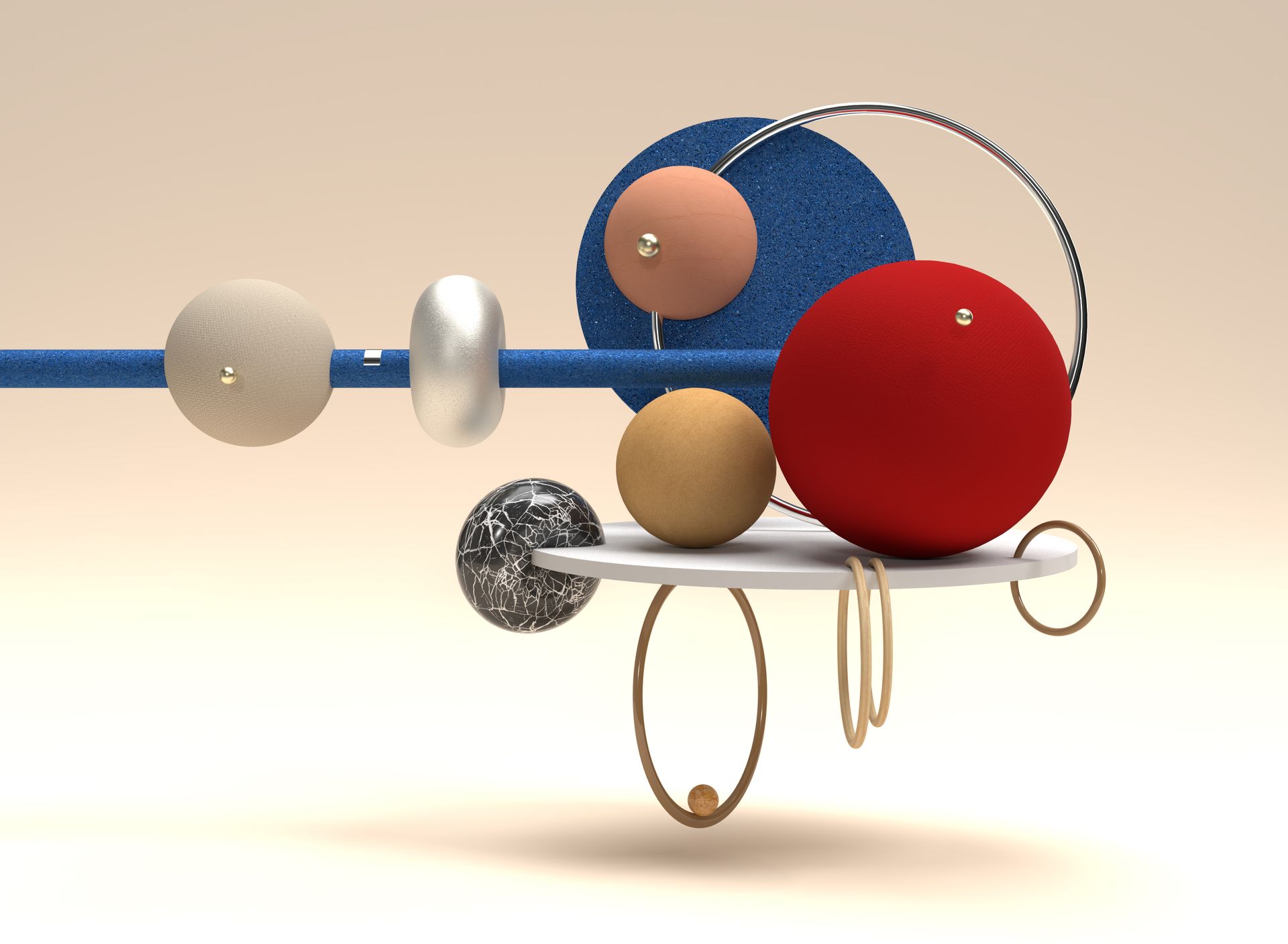 Een abstracte compositie met kleurrijke 3D geometrische vormen, bollen en metalen ringen, geplaatst tegen een lichte achtergrond. 3D digitale kunst.