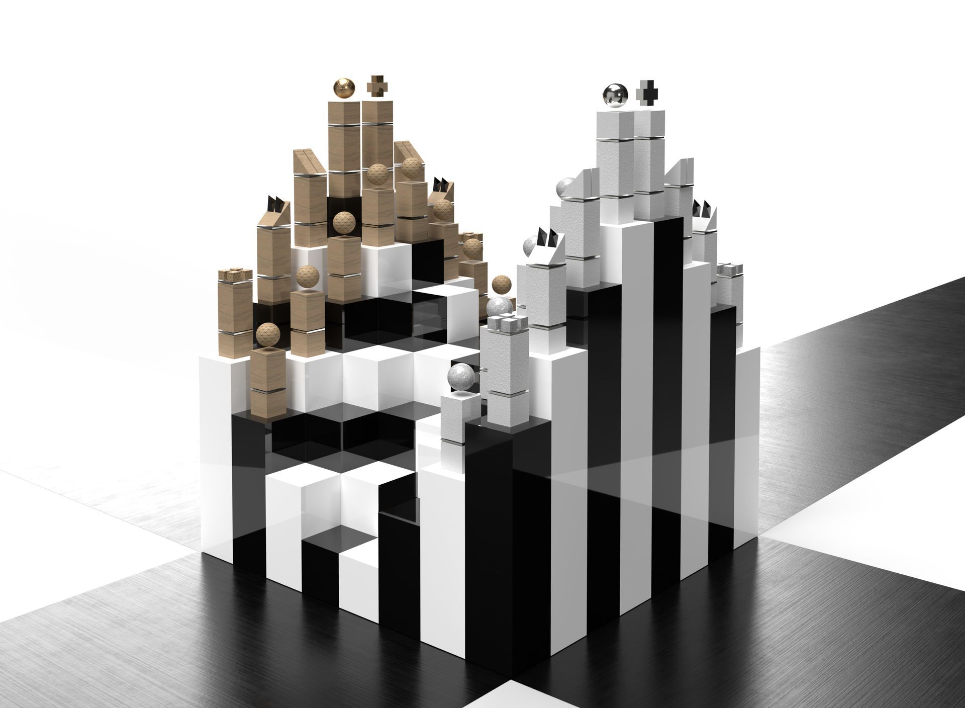 Een 3D-schaakspel met stukken die bovenop hoge, zwart-witte kolommen zijn gestapeld in een trapsgewijze, bergachtige formatie. 3D digitale kunst.