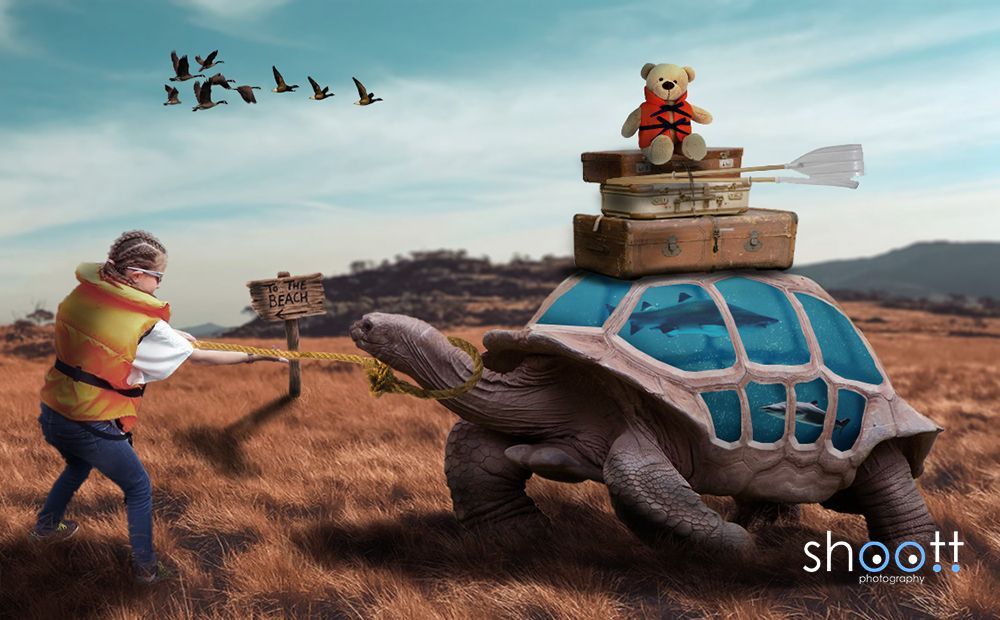 Photoshop creatie van schildpad en meisje in de woestijn
