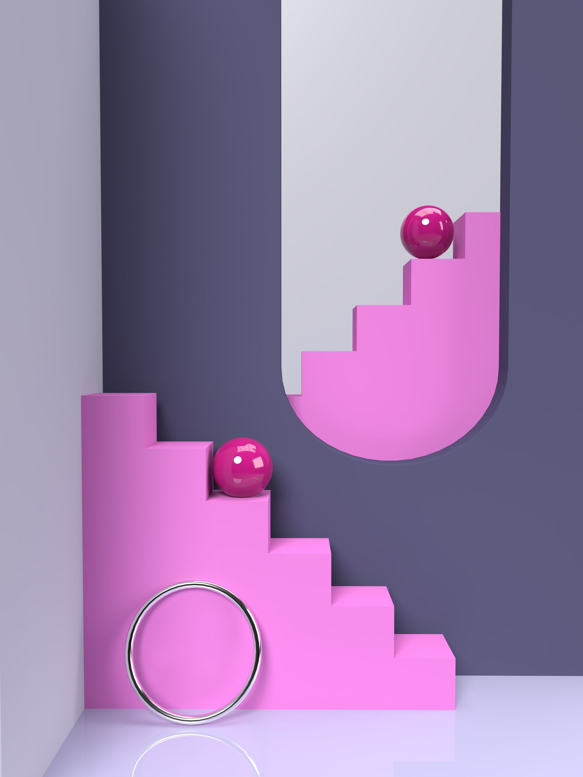 Roze trappen staan ​​opgesteld tegen een paarse muur, met daarop twee bollen en een zilveren ring. 3D digitale kunst.