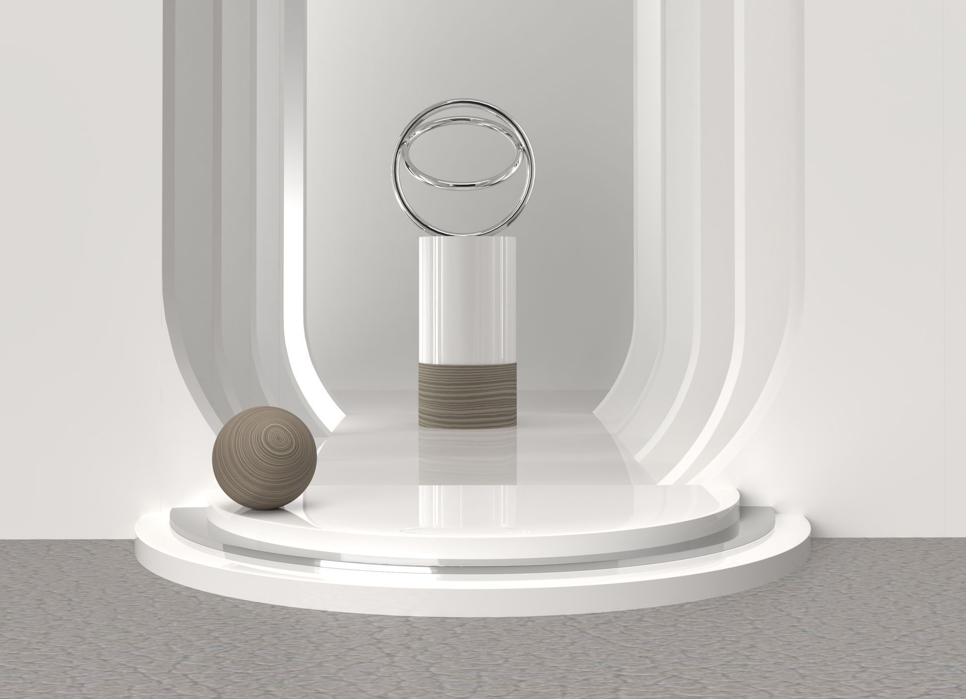 Een minimalistische witte sokkel met een metalen ringsculptuur, een bol met textuur en gebogen wanden. 3D digitale kunst.
