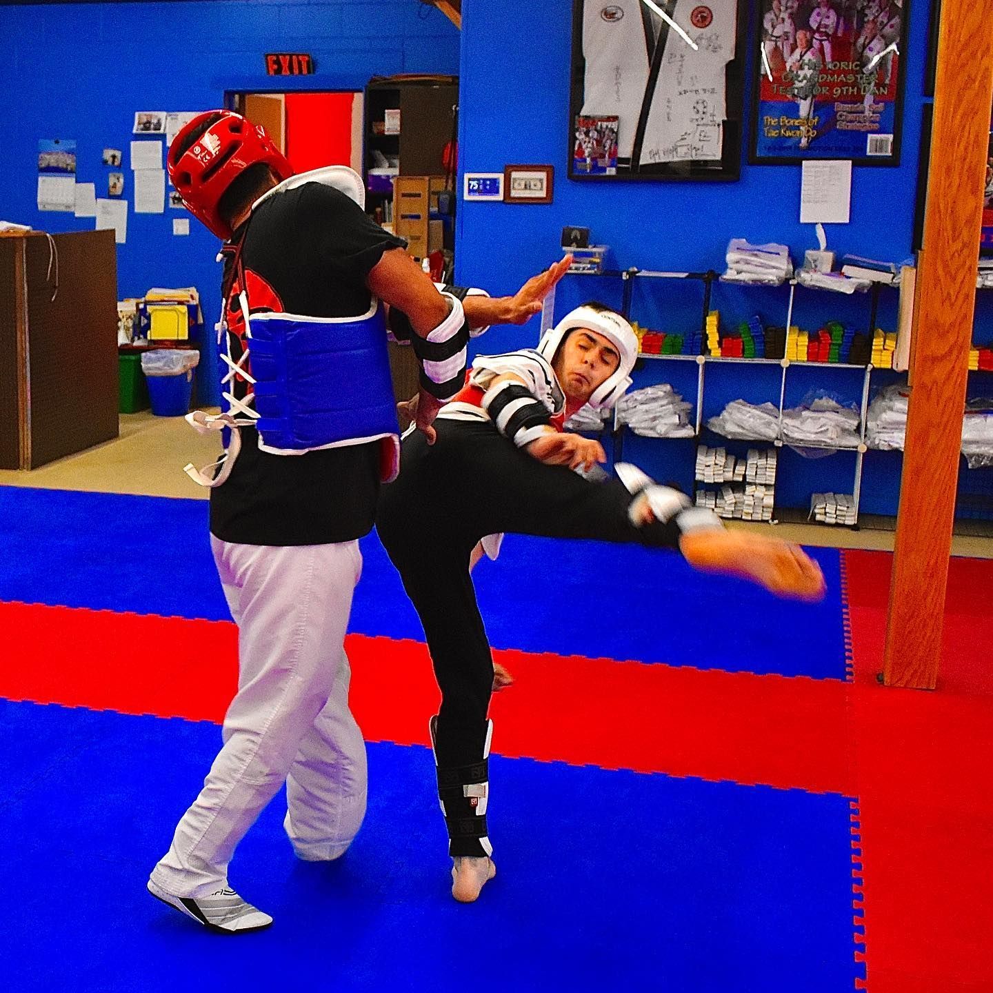 Two martial artists spar in a blue-and-red dojo, one delivering a high kick.