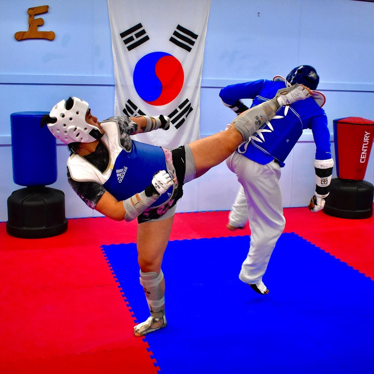 Two martial artists sparring in a dojo, one delivering a high kick in front of a South Korean flag.