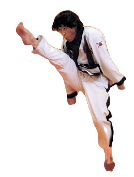 Martial artist in white uniform performing a high kick on a white background